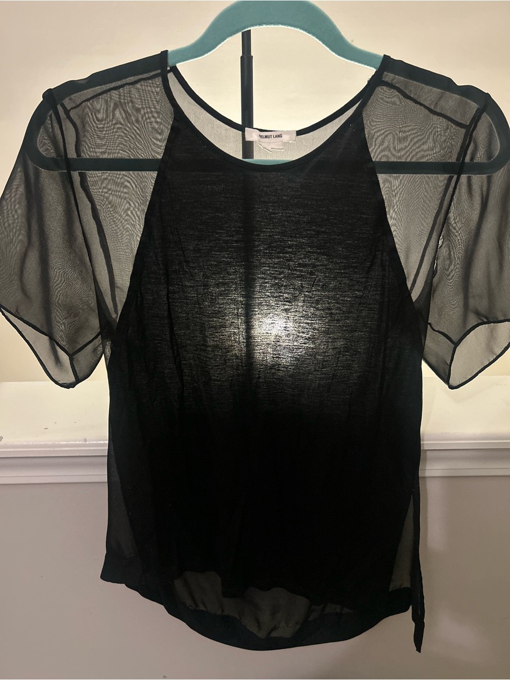 HELMUT LANG Black Sheer Mesh Raglan Short Sleeve Top - Size S